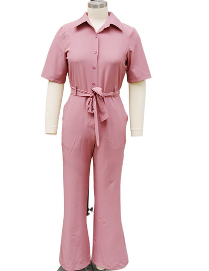 New Spring Summer Women Jumpsuits, Elegant Office Lady Jumpsuit Solid Color Belt Short Sleeve Casual Overalls Wide Leg Pants.
