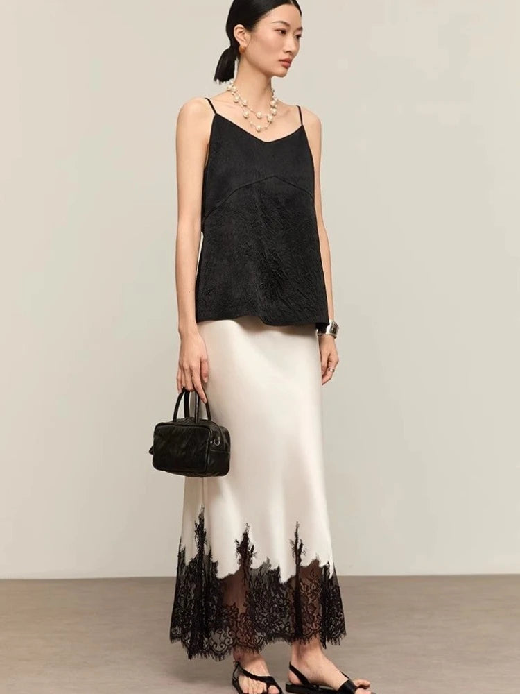 Mia Girl Elegant Satin Long Skirts for Women Oversize Lace Patchwork High Waist A-line Skirt French Style Summer Chic Lady Skirt.