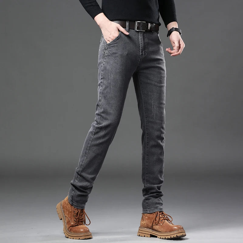 New Pure Gray Korean Slim Jeans Men's Stretch Tight Trendy Jean Trousers Branded Streetwear Comfortable Man Clothing Pants.