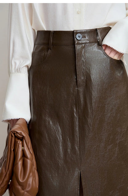 AMII Minimalist PU Leather Skirt For Women 2025 American Retro Knee-Length Skirt Solid Basics Business Women's Clothing 12553014