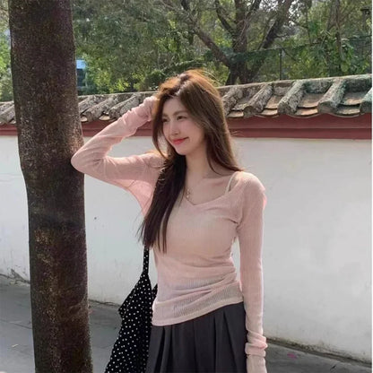 Frauen T-shirt Sexy V-ausschnitt Casual Langarm Slim Fit Shirts Dünne Transparente Gestrickte Top Weibliche Y2k Trendy Dünne Pullover