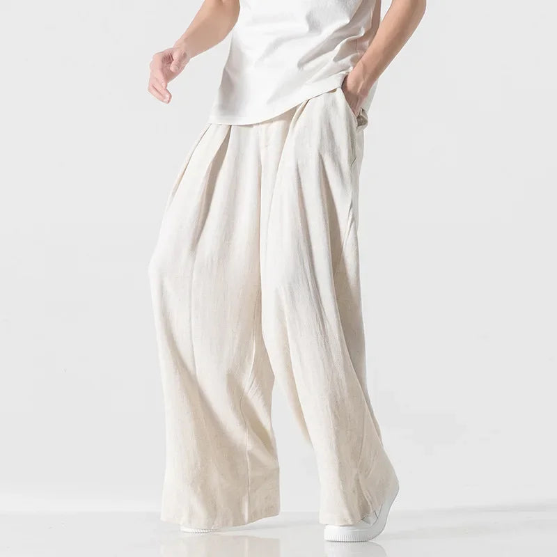 Hanfu Spirit Draped Linen Pants For Men Straight-leg Casual Trousers Chinese Style Loose-fit Ancient Wide-leg Song Trousers.