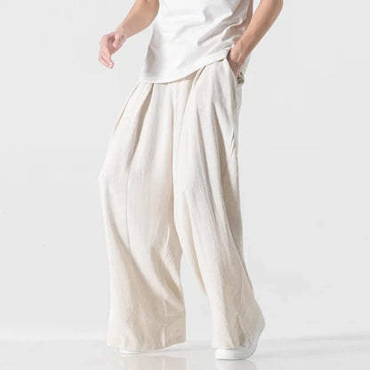 Hanfu Spirit Draped Linen Pants For Men Straight-leg Casual Trousers Chinese Style Loose-fit Ancient Wide-leg Song Trousers.