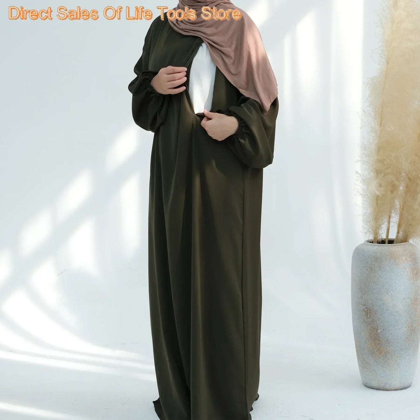 Women Dress Soft Nida Nursing Mother Abaya with Side Zip Front Islamic Clothing Puff Sleeves Breastfeeding Abaya Modest Dresses.