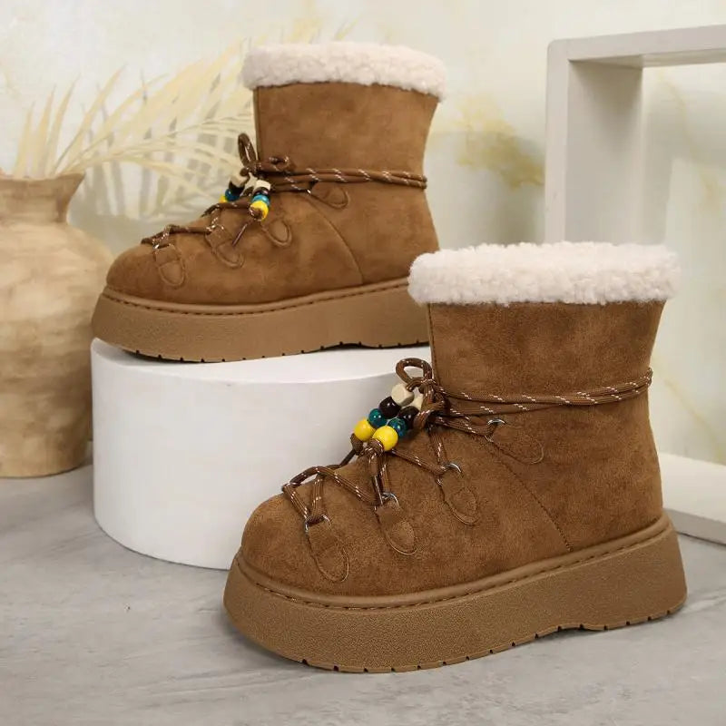 Chunky Platform Non Slip Furry Snow Boots Women 2025 Winter Soft Thick Bottom Warm Plush Ankle Boots Colorful Bead Lace Up Shoes.