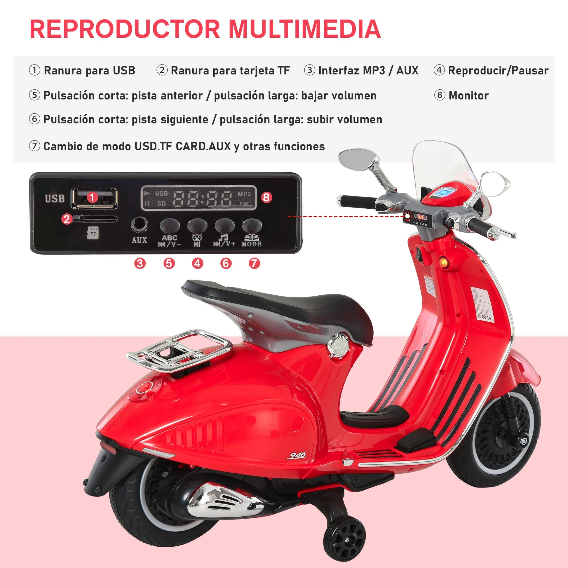 Electric Motorcycle for Children 3-6 Years Old Authorized from Vespa 108X49X75 cm.