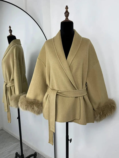 2025 Autumn Winter Chic Lapel Plush Coat With Belt Women Vintage Faux Fur Sleeve Tweed Open Coats Female Casual Street Outwear
