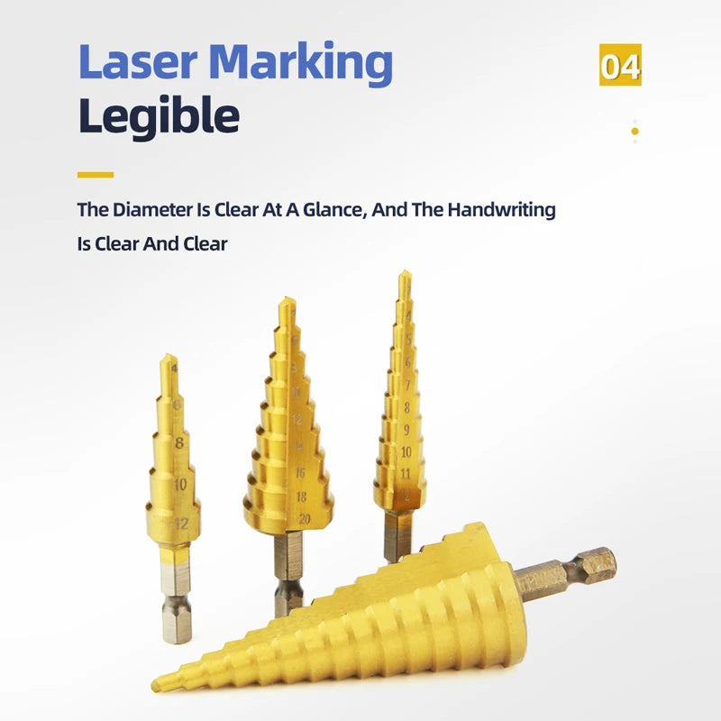TOOLEYE HSS Titan Stufenbohrer Bühnenbohrer für Metall Holz Hochgeschwindigkeits-Stufenbohrer-Set Elektrowerkzeuge 3-12 4-12 4-20 4-32 mm