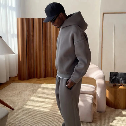 Men Cotton Vintage Tracksuit 2pcs Set Hoodies Straight Pants Casual Loose Hip Hop Sports Hooded Pullover Trousers Y2k Streetwear