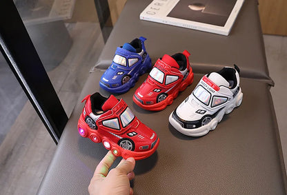 Diseny Kids'Casual Shoes Led Light Car Club Cartoon PU Leather Spring Shoes For Children Anti-slip Red Blue Shoes Size 21-30.