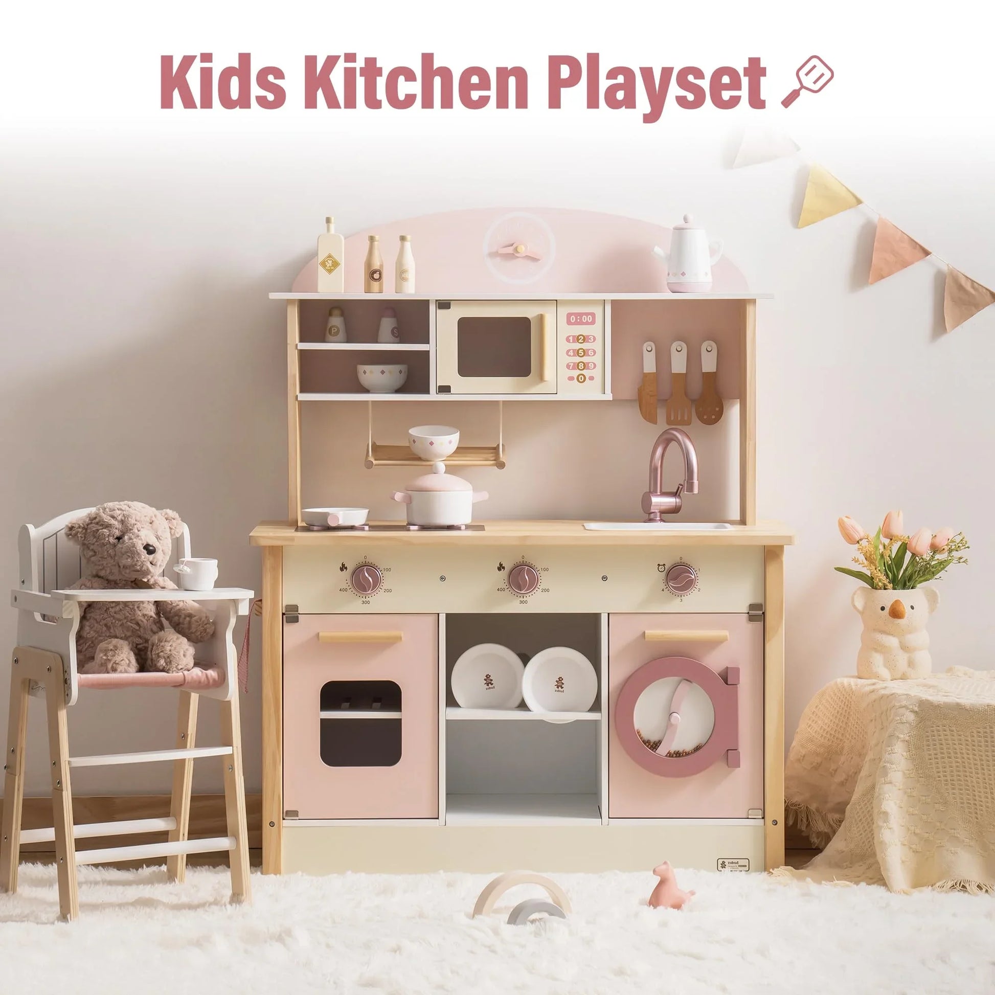 Robotime Robud Wooden Kitchen for Kids Play Kitchen with Plenty of Play Features Toddler Kitchen Set Gift for Girls Boys 3+.