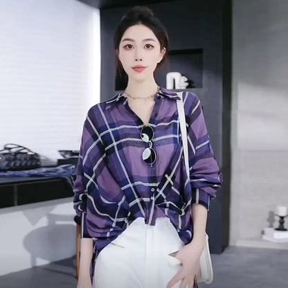 Elegant Twist Design Long Sleeve Shirt Polo Collar Checkered Slim Fit Versatile Top.