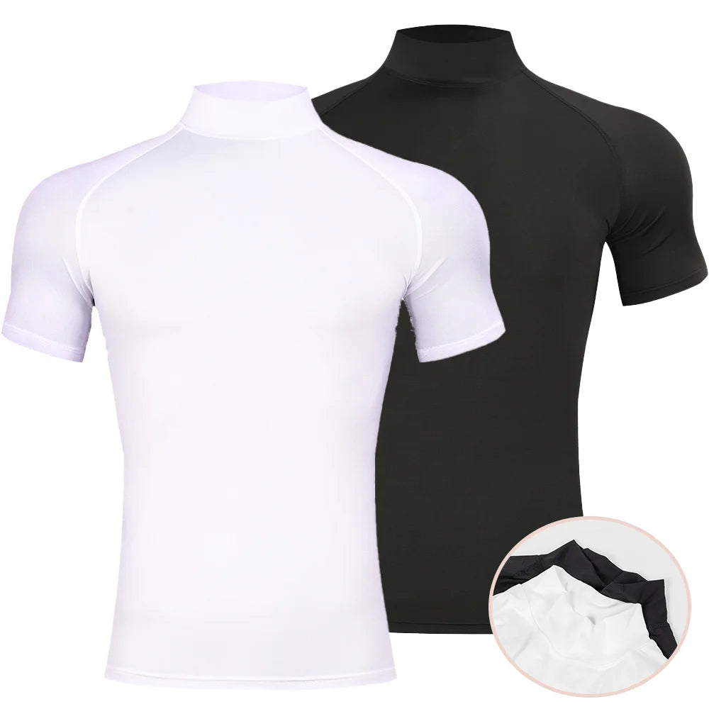 Mens Bodybuilding Sports Tight T-shirt Summer Compression Turtleneck Short Sleeve Gym Fitness Running Quick Dry Male Workout Top.