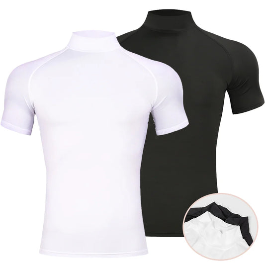 Mens Bodybuilding Sports Tight T-shirt Summer Compression Turtleneck Short Sleeve Gym Fitness Running Quick Dry Male Workout Top.