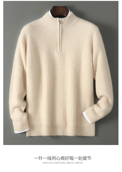 Men's 100% Merino Wool Thicken Sweater Half Zipper Mock Collar Pullover Autumn Winter Cashmere Knitwear Business Casual Clothing.