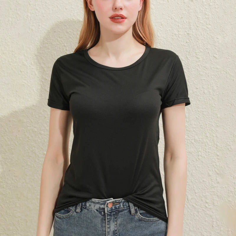 2024 Kurze T-Shirts Sommer Damen Kurzarm Rundhals Casual Bluse Shirts Einfarbig Tops Schwarz / Weiß