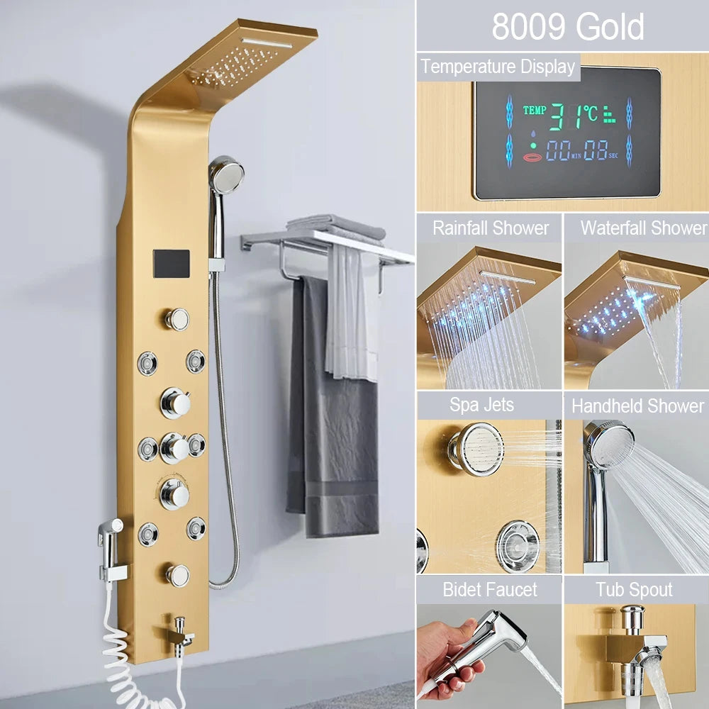 Golden Shower Panel LED Light Bathroom Bath Shower Column Tower Digital Screen Waterfall Rain shower Mixers Rotate Massage Jets