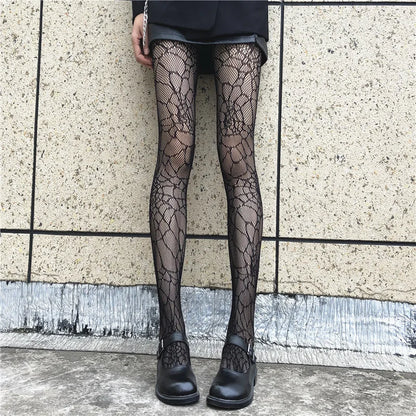 Gothic Women Lolita Leggings Hollowed Out Mesh retro Girls Stockings Japanese Bottomed Lace Pantyhose Floral Rattan Black Tights