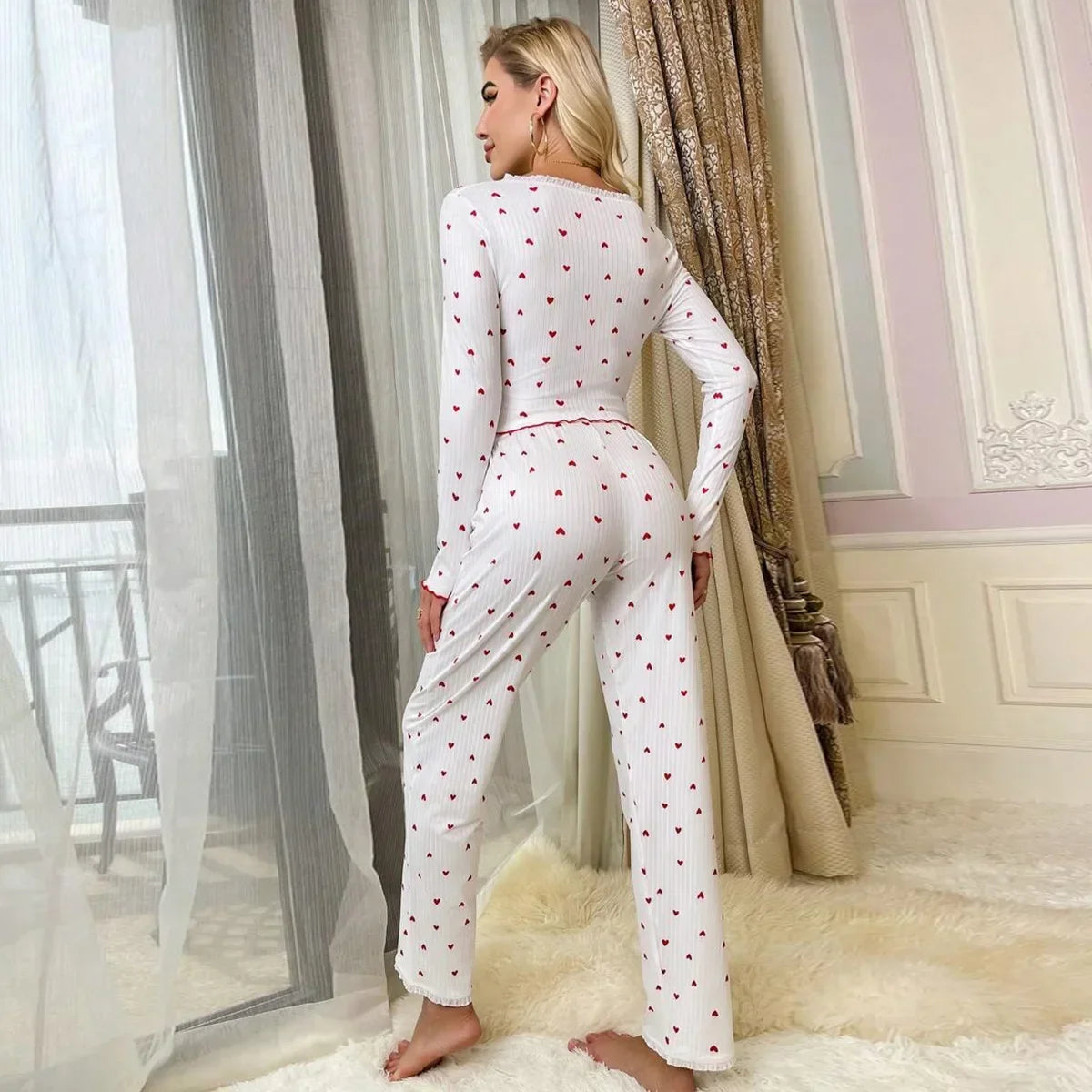 Pyjama-Set mit Herz-Druck, geripptem Rüschenbesatz für Damen, Nachtwäsche, gestrickt, V-Ausschnitt, lockere Oberteile, elastische lange Hosen-Sets, Homewear.
