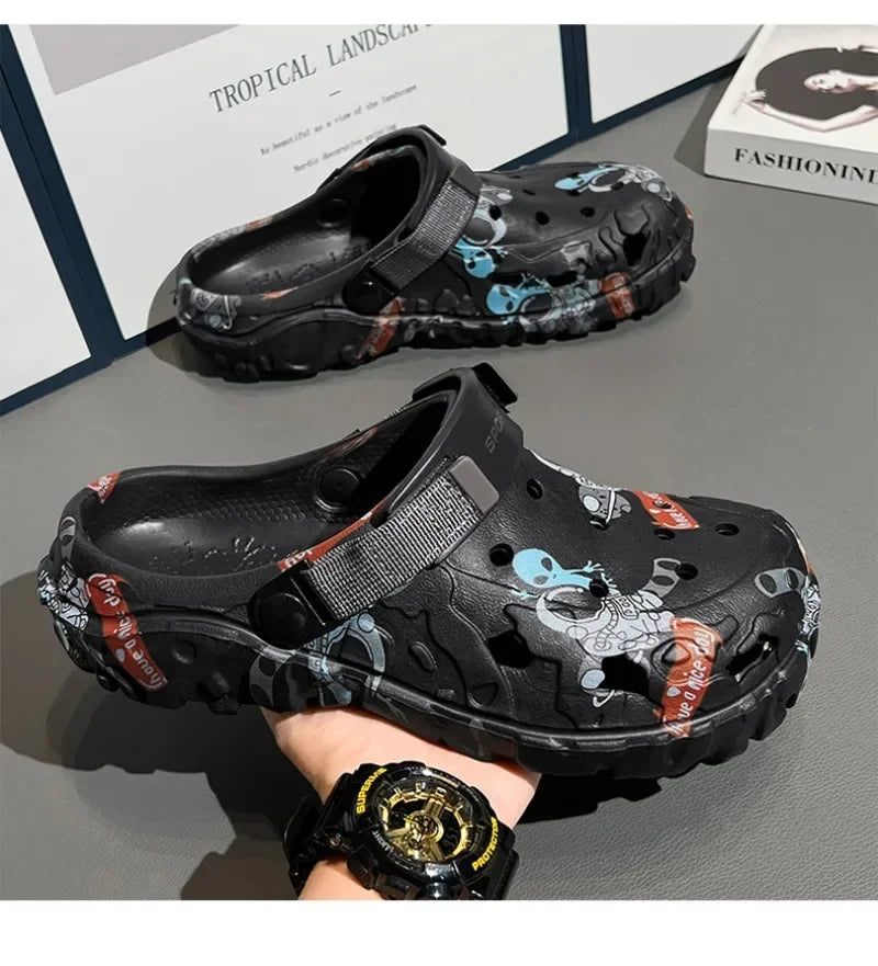 Plus Size 47 Men's Clogs 2025 Summer Sandals Beach Slippers Flat Sandals Men Leisure Slides Creative Printing Man Casual Shoes