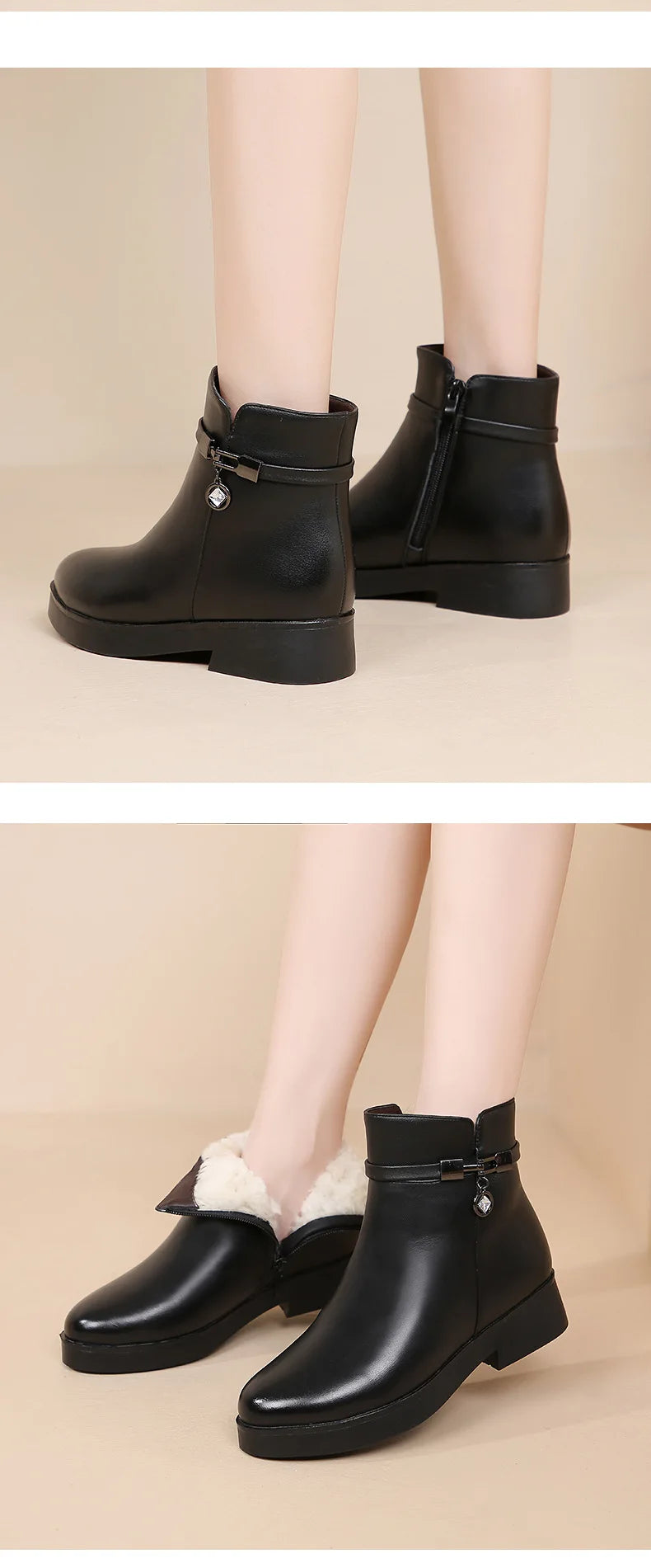 WOIZGIC Women Mother Female Ladies Genuine Leather Ankle Shoes Boots Platform Wool Plush Warm Fur Winter Zipper Plus Size 42 43.