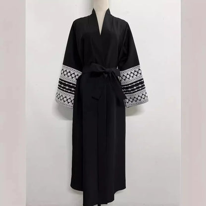 Ramadan Eid Black Open Kimono Abaya with Sashes Damen Dubai Islam Muslim Dress Kaftan Prayer Clothes Women Kebaya Robe Femme.