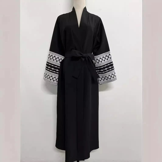 Ramadan Eid Black Open Kimono Abaya with Sashes Damen Dubai Islam Muslim Dress Kaftan Prayer Clothes Women Kebaya Robe Femme.