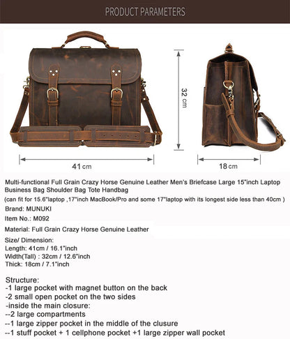 Vintage verrückte Pferd Echt leder Männer Aktentasche große Business-Tasche Einkaufstasche 15.6 "Laptop-Tasche Attache männliche Umhängetasche