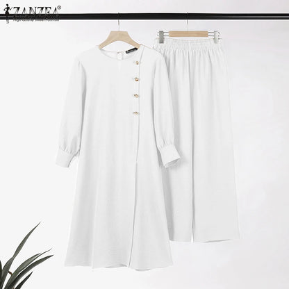 ZANZEA Muslim Abaya Suit Elegant Women Matching Sets Fashion Long Shirt Tops & Wide Leg Pants Ramadan Outfits Urban Tracksuits.