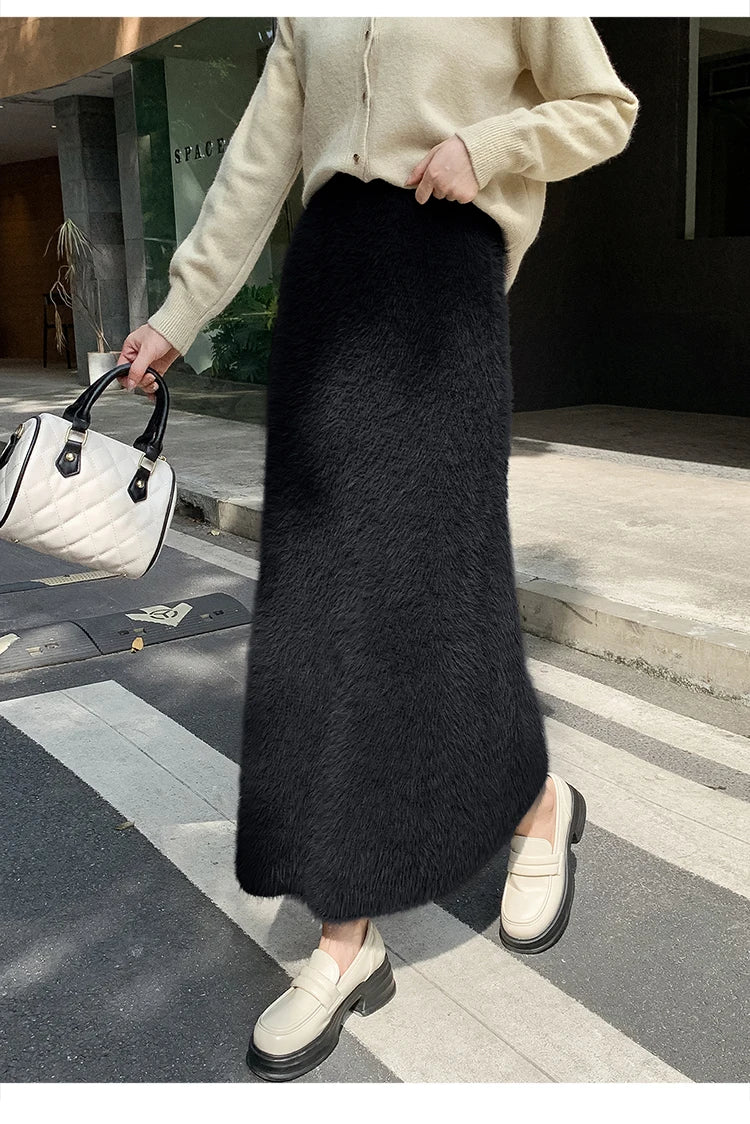 Autumn Winter New Knit Long Skirt Women Casual Thick Korean High Waist Soft A-Line Skirt