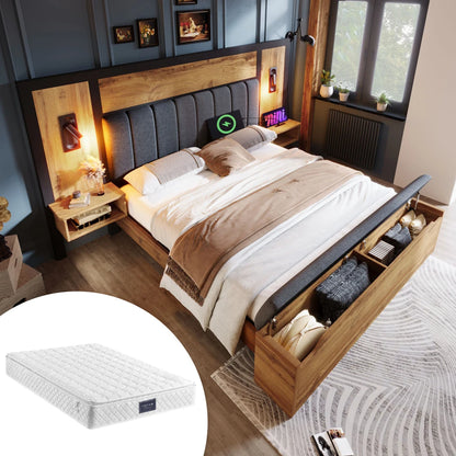 Bett mit gepolstertem Bettsystem mit Leselampe und USB-C-Nachttisch und Sitzbank mit Stauraum (ohne Matratze)