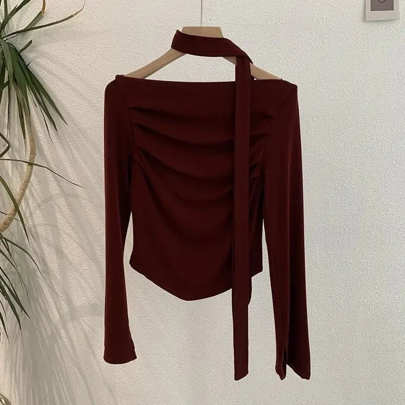 Elegant Long Sleeve Neck Hanging Sash Slim Fit T-Shirt Women's Red Black Other Pure Color Pleated Chic One Shoulder Top.