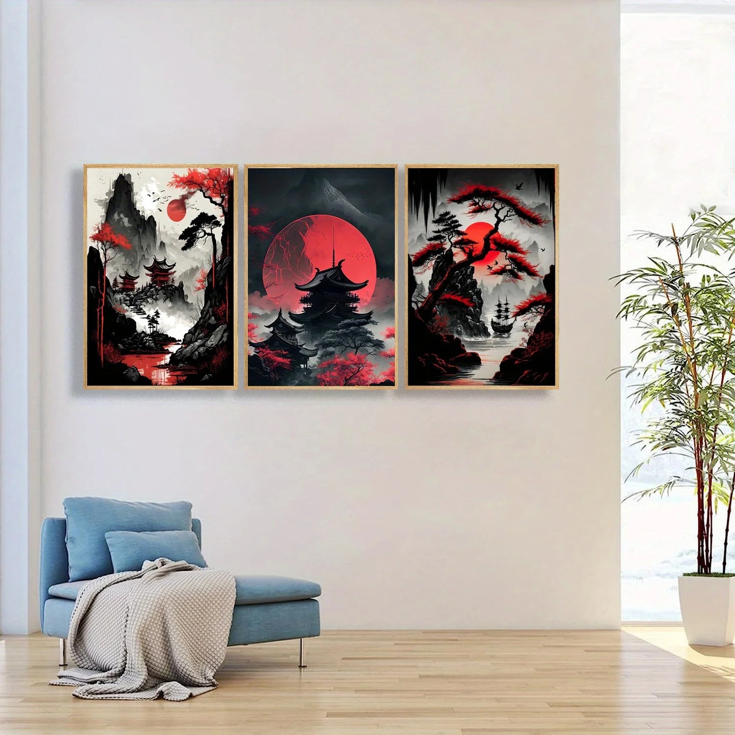 3pcs Frameless Japanese Natural Landscape Canvas Painting Black And Red Posters Vintage Ink Art Wall Prints For Living Room Home.