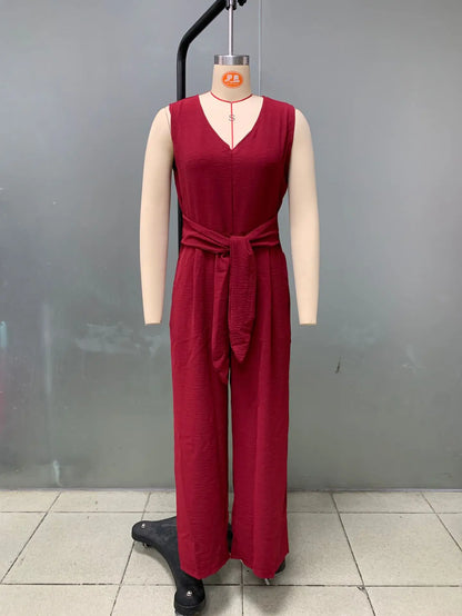 Summer High Waist Lace-up Jumpsuits Women 2025 New Sleeveless V-neck Side Pocket Solid Casual Jumpsuit Office Ladies Rompers.