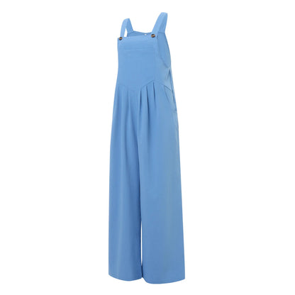 Women Fashion Jumpsuits Sleeveless Buttons Suspender Wide Leg Pant Overalls with Pockets Casual Loose Romper Streetwear