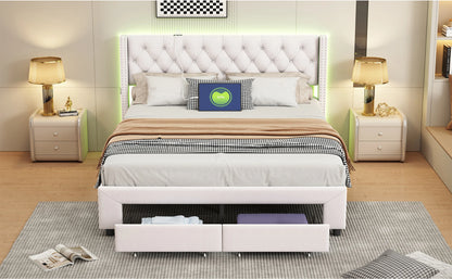 Lazyspace Samtpolsterbett, Doppelbett mit LED-Beleuchtung und USB, hydraulischer Bettrahmen mit Stauraum und 2 Schubladen