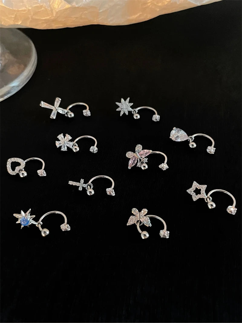 1PCS Pink Zircon Cross 316L Stainless Steel Annular Ear Bone Nail New Fashion U-shaped Earrings for Women Y2K Punk Jewelry.