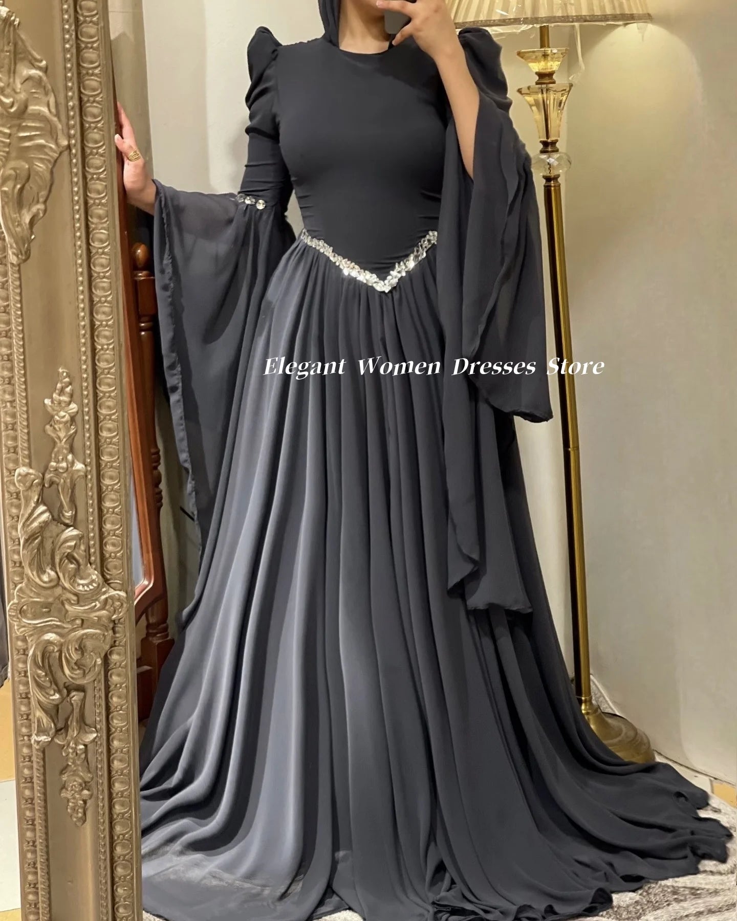 Abendkleider für muslimische Frauen, langärmelig, Sommer-Chiffon-Partykleider, A-Linie, Salbeigrün, Abendkleid فسات Cosa •М •М.