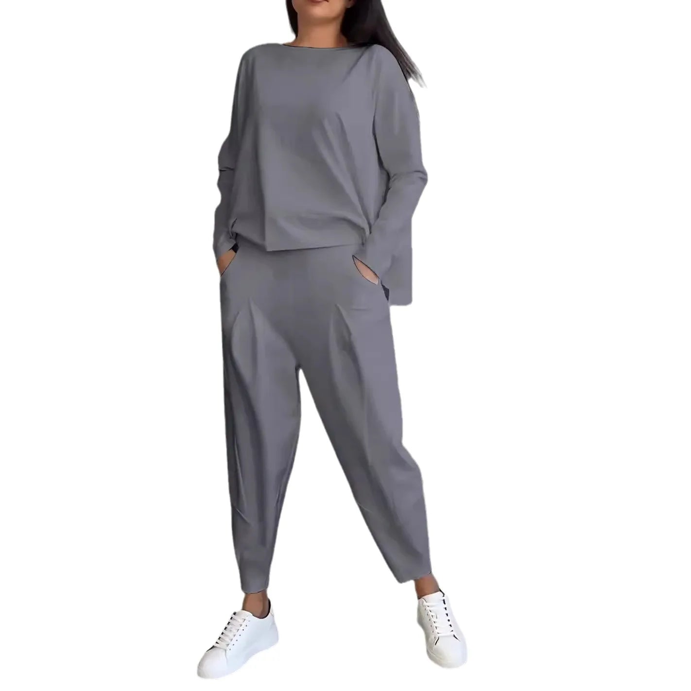 Women Sporty Two Piece Pant Sets Solid Harem Pants High Street Full Sleeve Round Neck Tops Sweatshirt Casual Irregular.