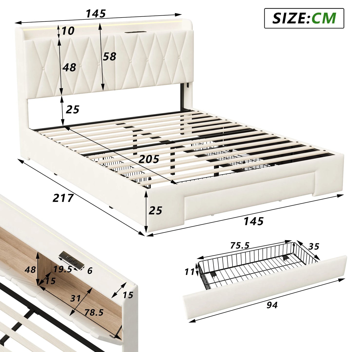 Lazyspace 140 x 200 cm großes Doppelbett mit Kopfteil, gepolstertes Bett mit 3 Schubladen, LED-Beleuchtung, USB Typ C, Samt, Beige, keine Matratze