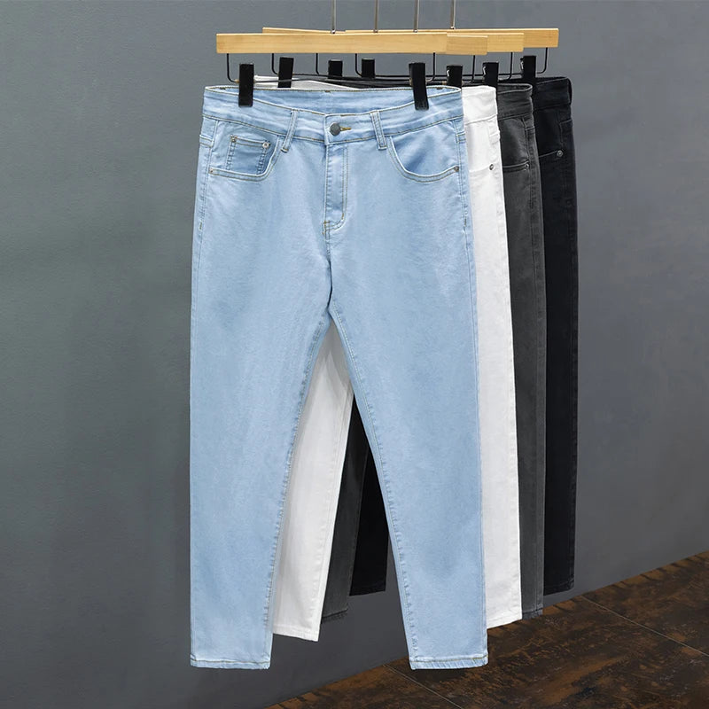 Men's Jeans Spring Summer Thin Slim Fit Elastic Cotton Soft Straight Denim Ankle Length Pants Korean Youth Fashion Trousers.