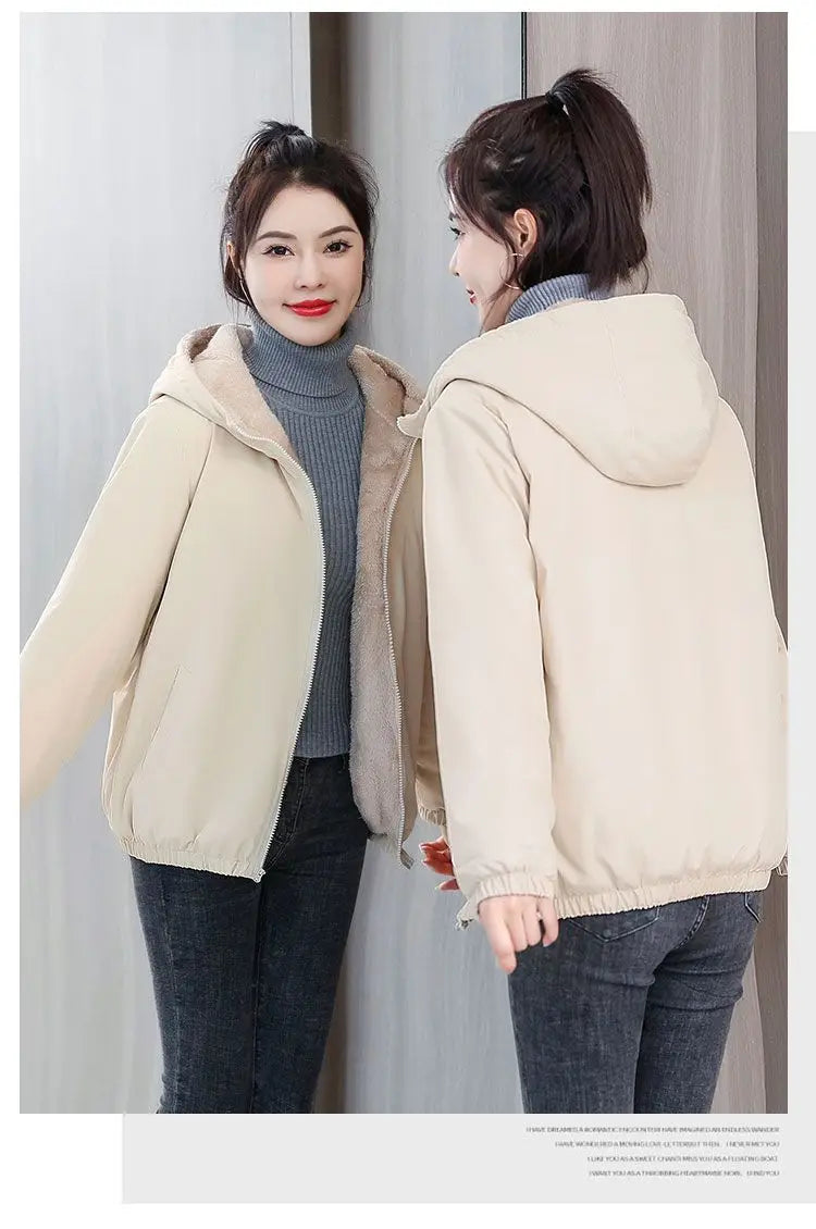 Women's Fleece Coat Winter Warm Thicken Solid Windbreaker Hooded Cotton Plush Hooded Jackets Casual Outdoor Windproof Jacket.