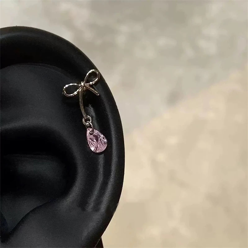 Cute Pink Zircon Cat Stainless Steel Ear Bone Nail Water Droplet Pendant Small Earrings for Women Cochlear Puncture Accessory.