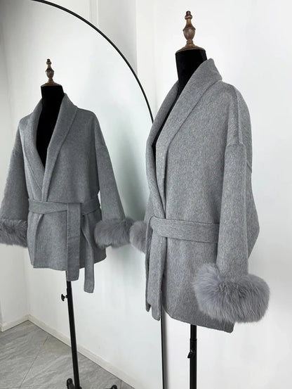 2025 Autumn Winter Chic Lapel Plush Coat With Belt Women Vintage Faux Fur Sleeve Tweed Open Coats Female Casual Street Outwear