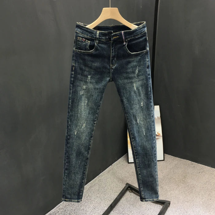 Y2k  Men Fashion Stylish Brand Denim Pants High Quality Designer Slim Fit All-match Trousers Casual Stretch Pencil Cropped Jeans.