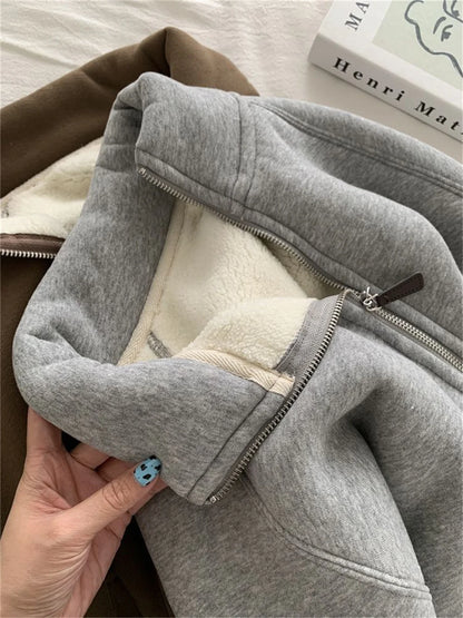 Women Autumn Winter Sweatshirt Coat Zip Up Solid Long Sleeve Stand Neck Jacket Lady Fashion Casual Street Vintage Coats Outwear.