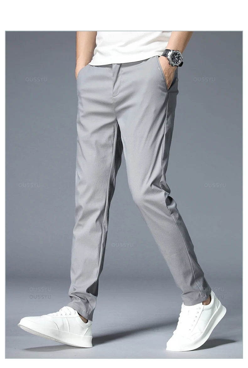 Spring Summer Casual Pants Men Thin Stretch Slim Fit Elastic Waist Business Classic Korean Trousers Male Khaki Gray 38.