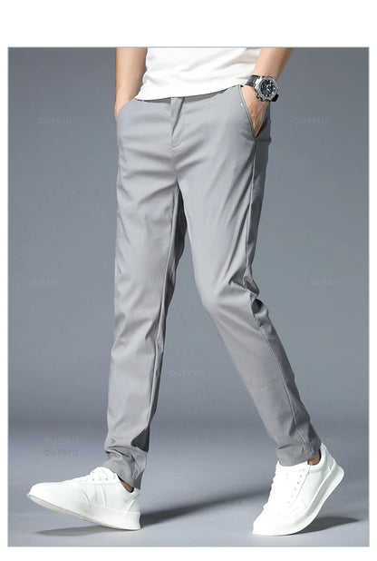 Spring Summer Casual Pants Men Thin Stretch Slim Fit Elastic Waist Business Classic Korean Trousers Male Khaki Gray 38.