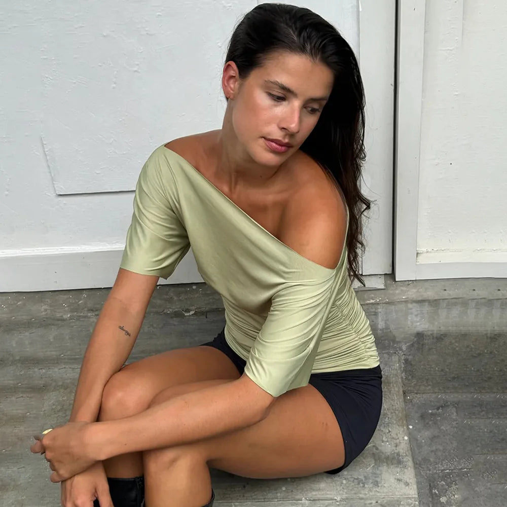 Cryptographic One Shoulder Ruched Asymmetrical Tops for Women Outfits Sexy Short Sleeve Casual Tops Slim T-shirts Summer Clothes.