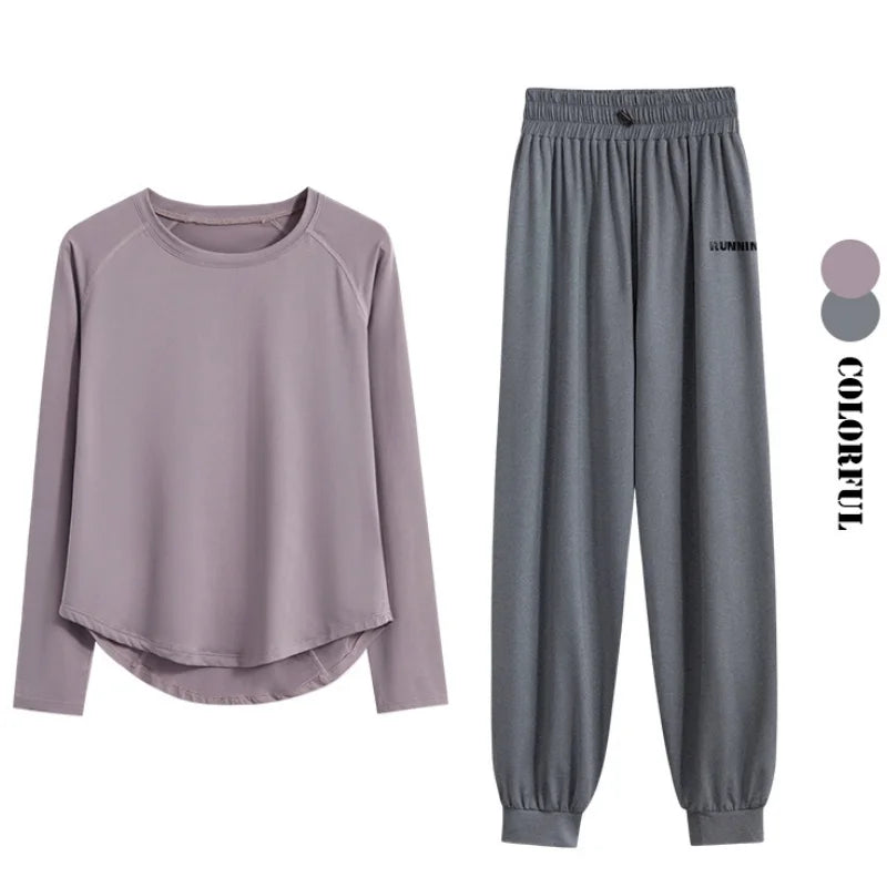 DRUR 2pcs Running Set Women Tracksuit Lightweight Loose Long Sleeve Sport Shirt Pants Sets 2 Piece Sportswear Outfit Gym Clothes